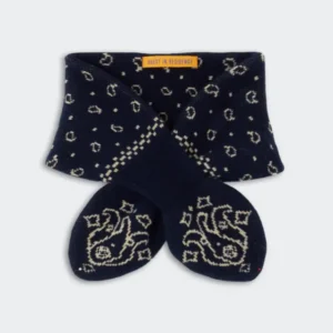 Bandana Bowtie Scarf - Midnight/Butter in navy and cream with a paisley pattern and checkered accents, knitted in soft cashmere for a cozy, elegant accessory.