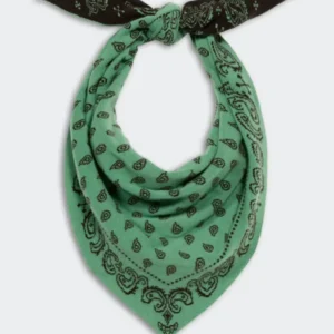 The Wild Rag - Highland/Burnt Cocoa cashmere scarf in green with black paisley pattern, styled with a knot and showcasing a soft, luxurious texture.