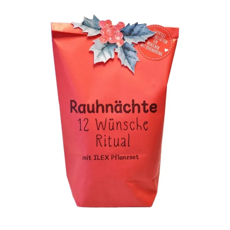 Rote Wundertüte mit einer Oben angebrachten Mistelzweig Illustration und der Schwarzen Schrift "Rauhnächte 12 Wünsche Ritual mit ILEX Pflanzset"