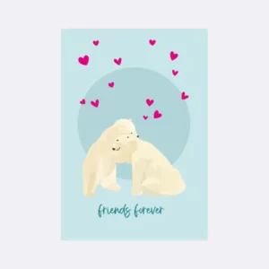 Postkarte mit Eisbären und pinken Herzen auf blauem Hintergrund mit Schriftzug "friends forever"