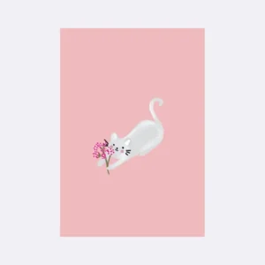 Postkarte mit einer weißen Katze, die einen Blumenstrauß auf pinkem Hintergrund hält