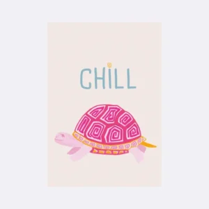 Postkarte mit rosa Schildkröte und Schriftzug "CHILL"