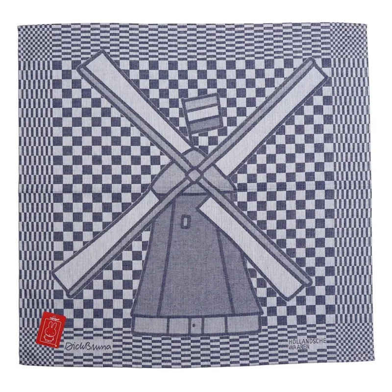 Baumwollgeschirrtuch 65 x65 cm, dunkelblau & blau grau, Windmühle illustriert von Dick Bruna, Hintergurnd Kariert im Schachbrettmuster, traditionell holländisches Design