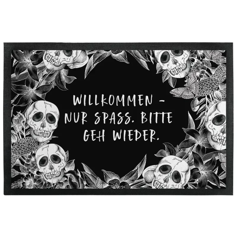 Bild: Fußmatte mit Gummilippe - Willkommen - nur Spaß. Bitte geh wieder. - Totenkopf.