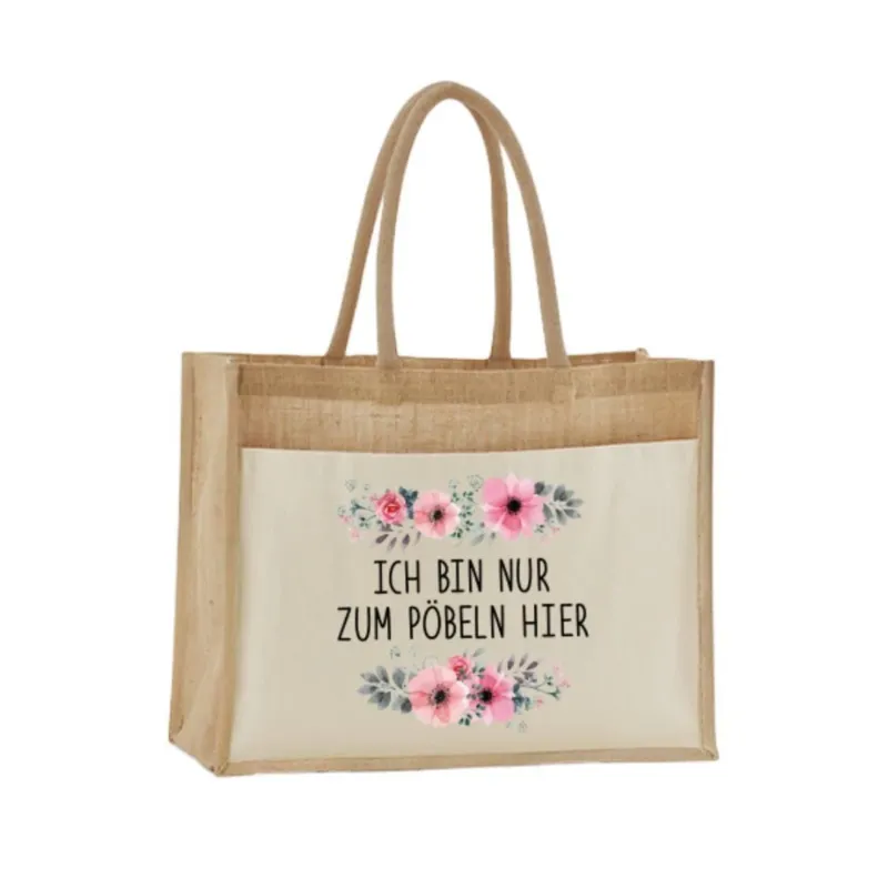 Bild: Jutetasche - Ich bin nur zum Pöbeln hier - blumig.