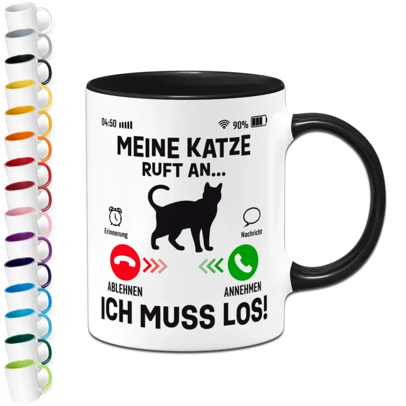 Bild: Tasse - Meine Katze ruft an, ich muss los! (Piktogramm).