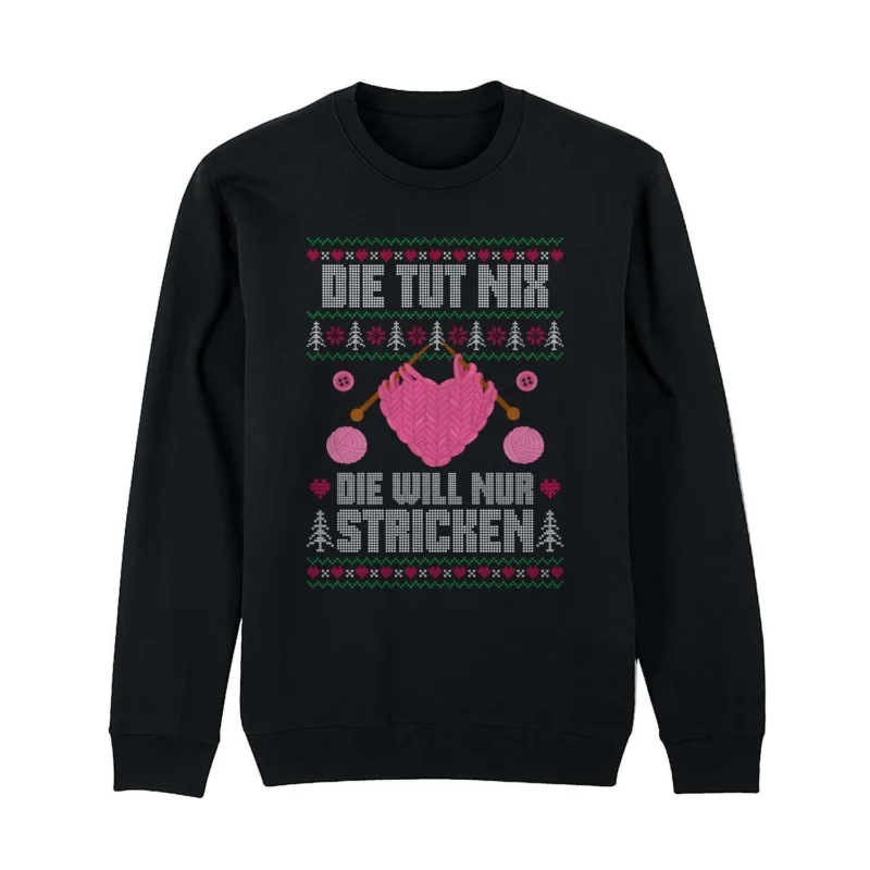 Bild: Weihnachtspullover - Die tut nix! Die will nur stricken. (Strick-Optik).