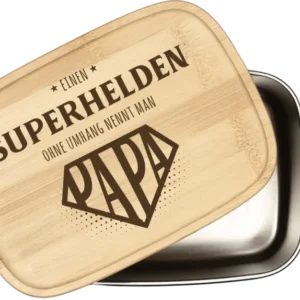 Bild: Brotdose - Einen Superhelden ohne Umhang nennt man Papa - Edelstahl mit Bambusdeckel.