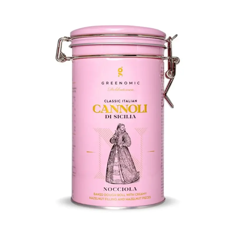 Pinke Zylindrische Metallbox mit italienischen Cannoli gefüllt, türkises Metall, Metallischer Verschluss, NOCCIOLA Geschamck