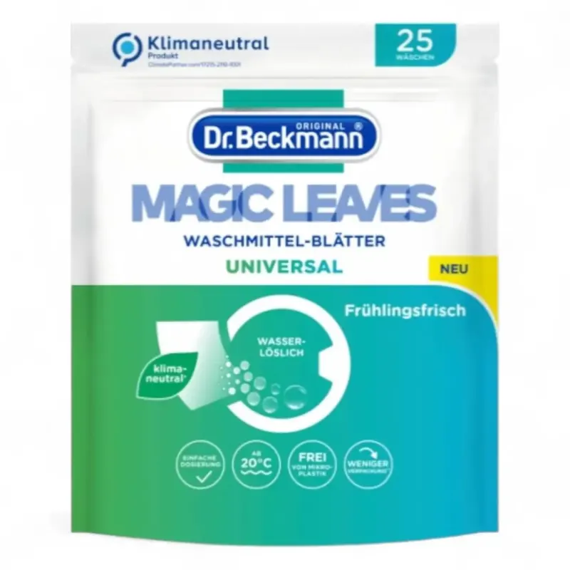 Dr beckmann magic leaves waschmittel blätter universal 25 wl frontseite in weiß mit grünem blattdesign