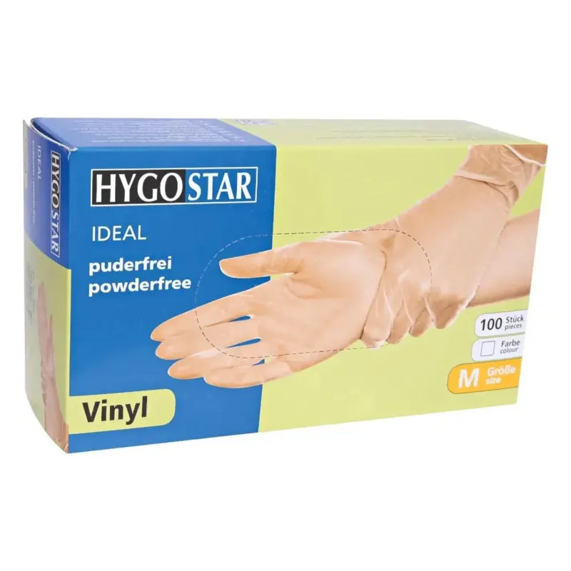 Hygostar vinyl-handschuhe ideal medium 100 stück puderfreie vinylhandschuhe in blauer und gelber verpackung