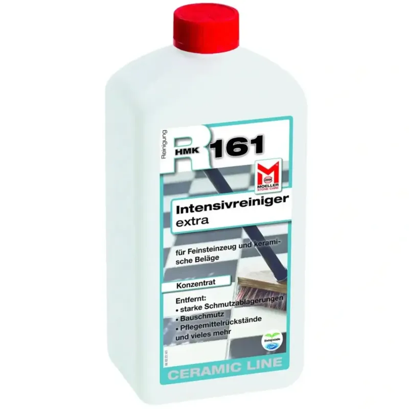 Weiße kunststoffflasche mit rotem deckel und türkisfarbenem etikett von möller stone care für intensive reinigung von stein- und keramikflächen hm k r161 feinsteinzeug intensivreiniger extra 1 l