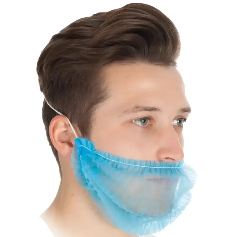 Blaue einweg-behelfsmaske mit perlenstruktur hygoBase bartschutz eco 100 stück für bartträger
