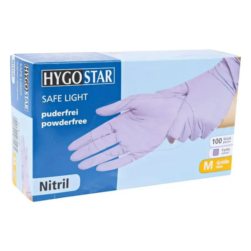 Eine packung hygo star safe light puderfreie nitrilhandschuhe in lila, größe m, 100 stück