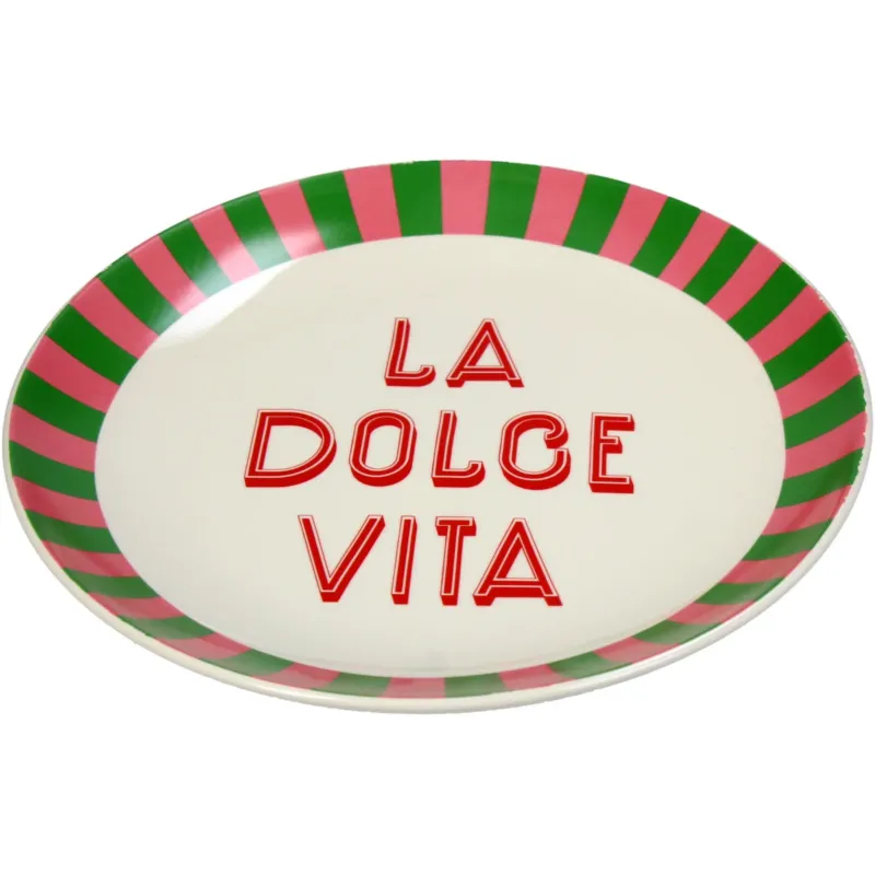 Grün und Pinker Teller mit der Schrift "La Dolce Vita" in Italienischem Design