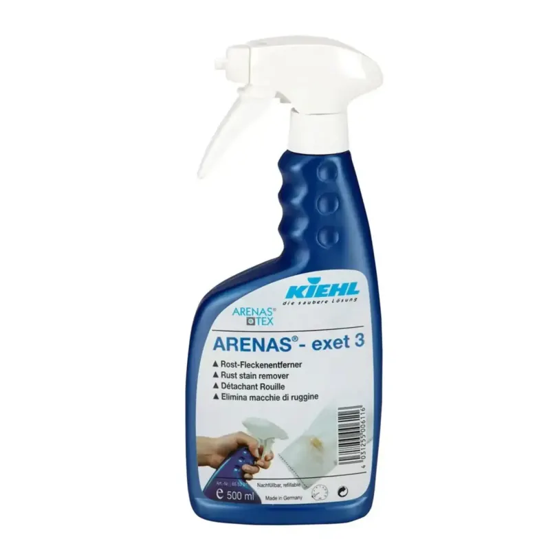 Blaues plastik-sprühflasche mit weißer düse von kiehl arenas-tex exet 3 rost-fleckenentferner 500ml