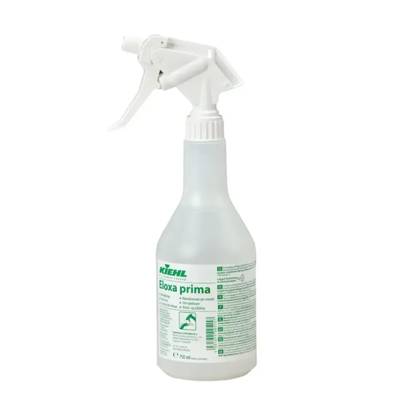Weiße kunststoffsprühflasche mit weißer abzugdüse und grüner etikettierung kiehl eloxaprima metallreiniger 750ml