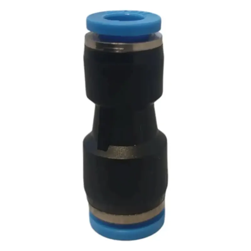 Schwarzer und blauer kunststoff pneumatischer schnellanschluss mit metallbändern moerman 6 zu 8 mm