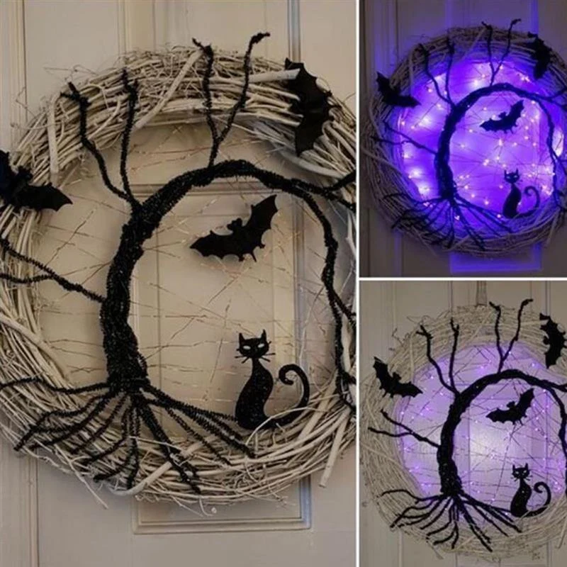 Black Bat Cat Halloween Door Wreath Led Light - Image 0