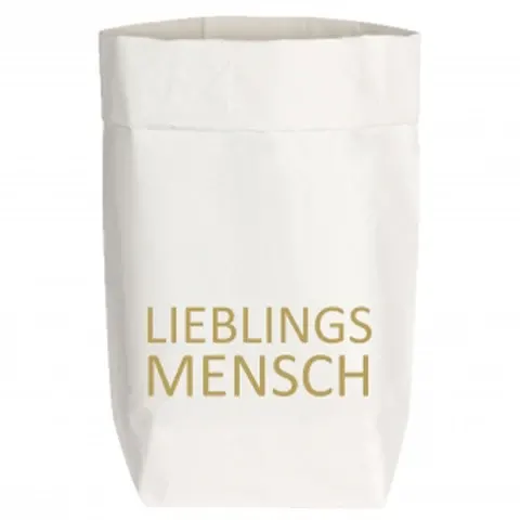 Tüte aus Kraftpapier mit einer aufgedruckten goldenen Schrift "Lieblings Mensch"