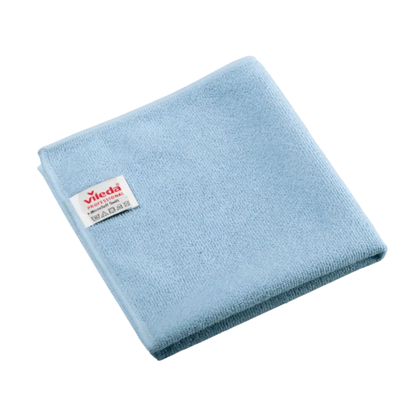 Gefaltetes blaues Vileda Professional r-MicroTuff Swift Microfasertuch mit eingenähtem weißem Etikett, das Markenname und Pflegesymbole trägt.