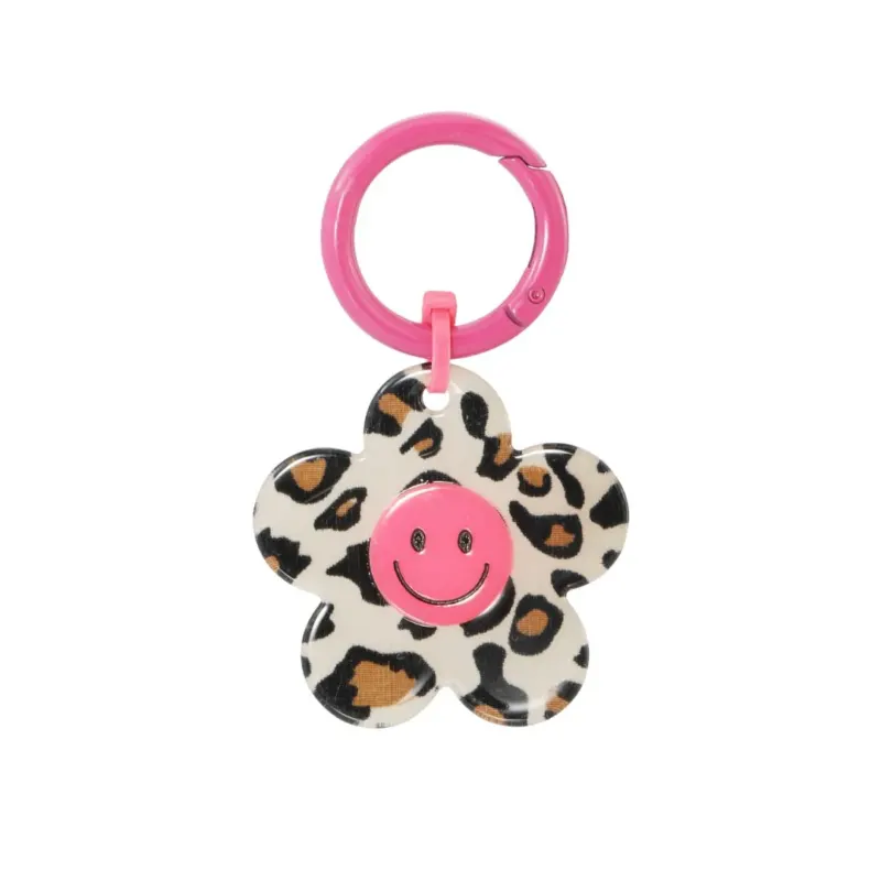 Schlüsselanhänger Blütenblattform leopard mit Smiley-Gesicht rosa