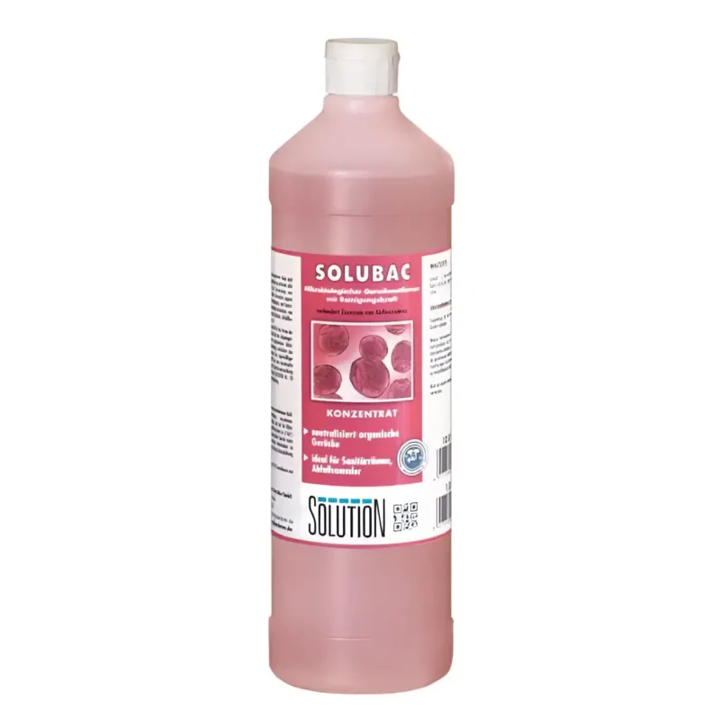 Eine 1 liter flasche solubac lösung mit rosa flüssigkeit und weißem deckel als geruchskiller von glöckner