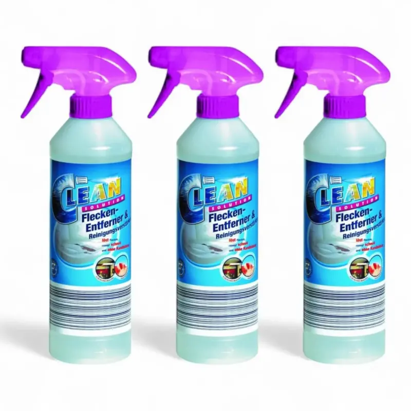Drei identische flaschen solution glöckner clean solution fleck-entferner 500ml mit hellblauem körper und lila sprühkopf