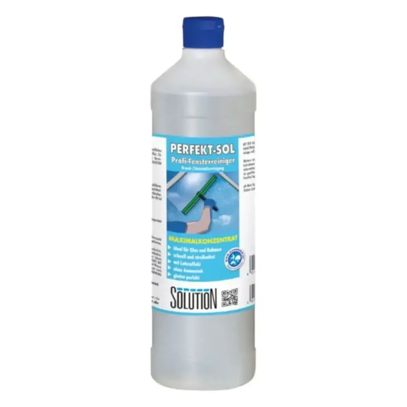 Klarer kunststoffflasche mit blauem deckel und blauem etikett mit perfekt-sol professionellem fensterreiniger