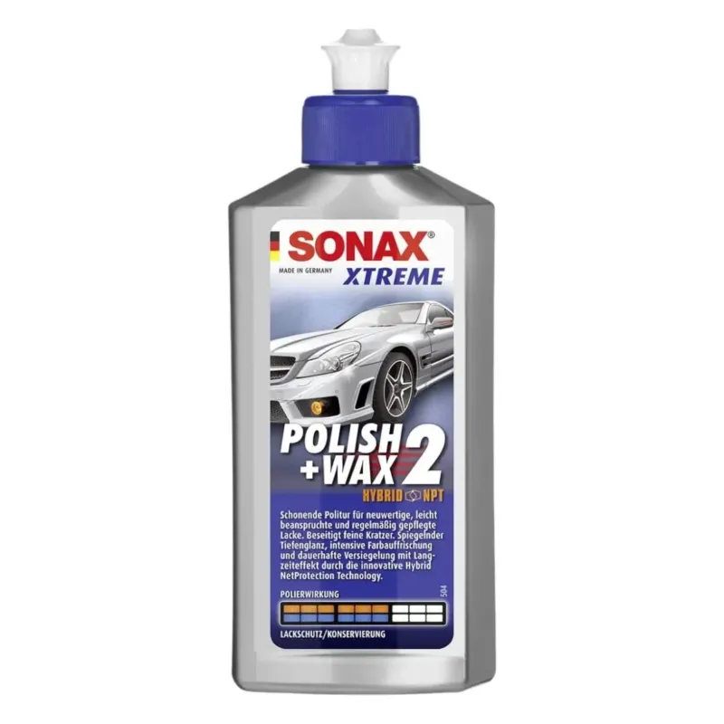 Silberfarbene plastikflasche mit blauem deckel und weißer düse sonax xtreme polish plus wax 2 hybrid npt 500ml