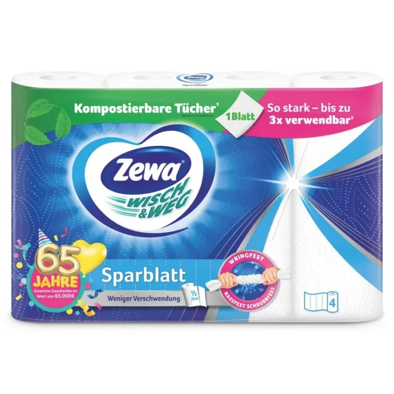 Zewa Küchenrolle Wisch&Weg Sparblatt – 1 Packung = 4 Rollen x 74 Blatt